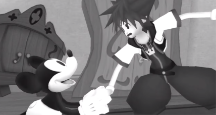 A young Mickey Mouse (Chris Diamantopoulos) thanks a time-travelling Sora (Hayley Joel Osment) for his help in Kingdom Hearts III (2019), Square Enix