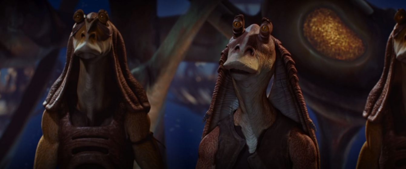 The book reveals that Binks has been exiled by the Gungans and is an outcas...
