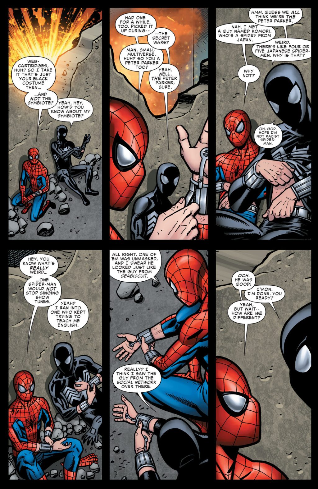 Two familiar versions of Peter Parker take a moment to reload in  Spider-Verse Vol. 1 #2 “It’s The Little Things” (2015), Marvel Comics. Words by Dan Slott, Art by Ty Templeton and Paco Herrera.