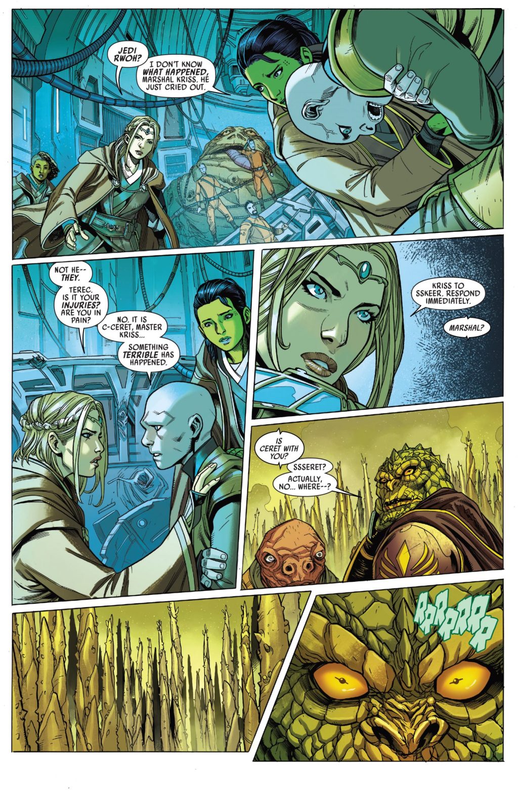 Avar Kriss corrects Vern Rwoh on her pronoun usage towards the non-binary padawan Terec in Star Wars - The High Republic Vol. 1 Issue #2 (2021), Marvel Comics. Words by Cavan Scott, Art by Ario Anindito.