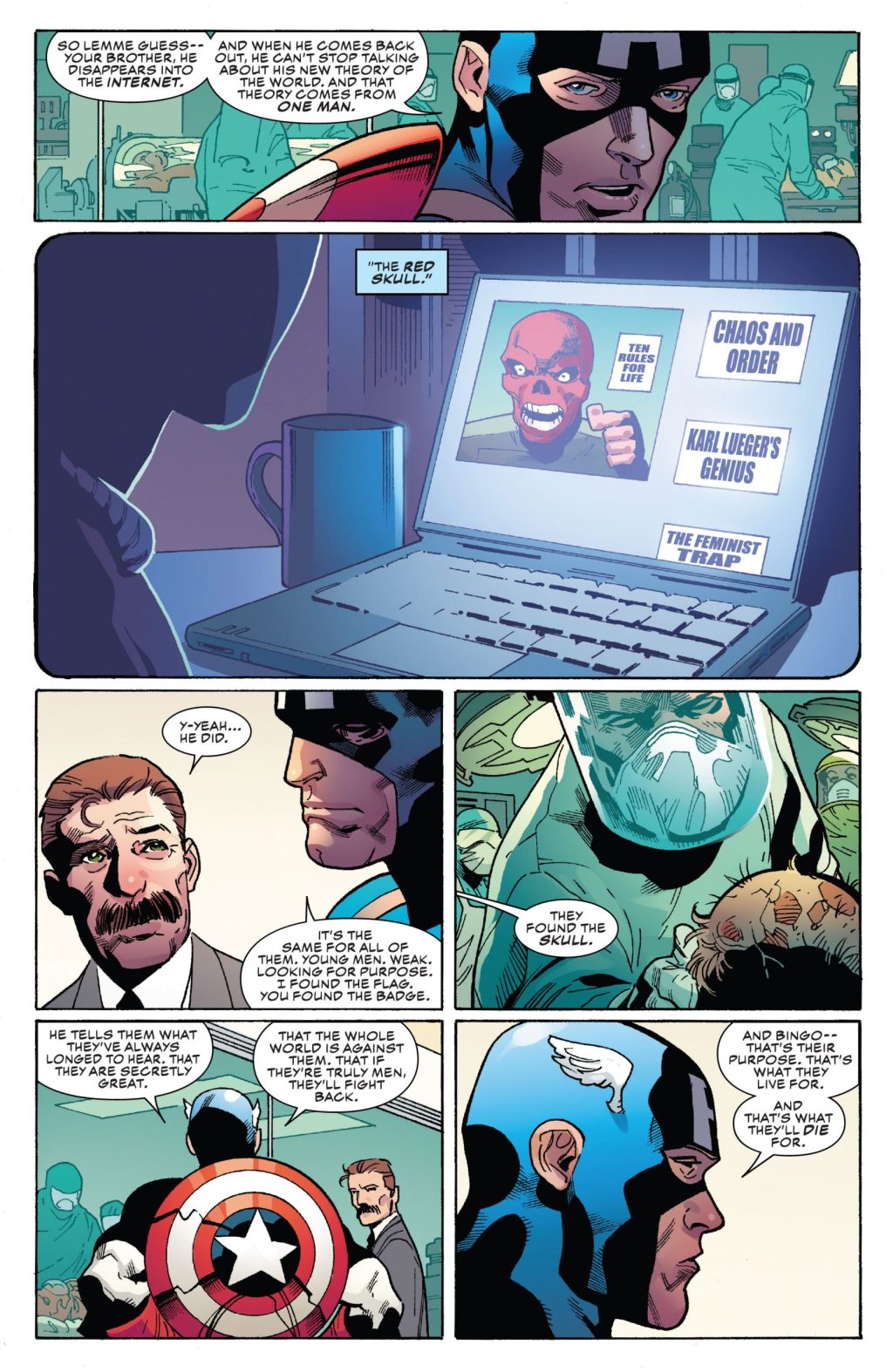 Ta-Nehisi Coates equates Jordan Peterson to the Red Skull in Captain America #28 (2021), Marvel Comics. Words by Ta-Nehisi Coates, Art by Leonard Kirk.