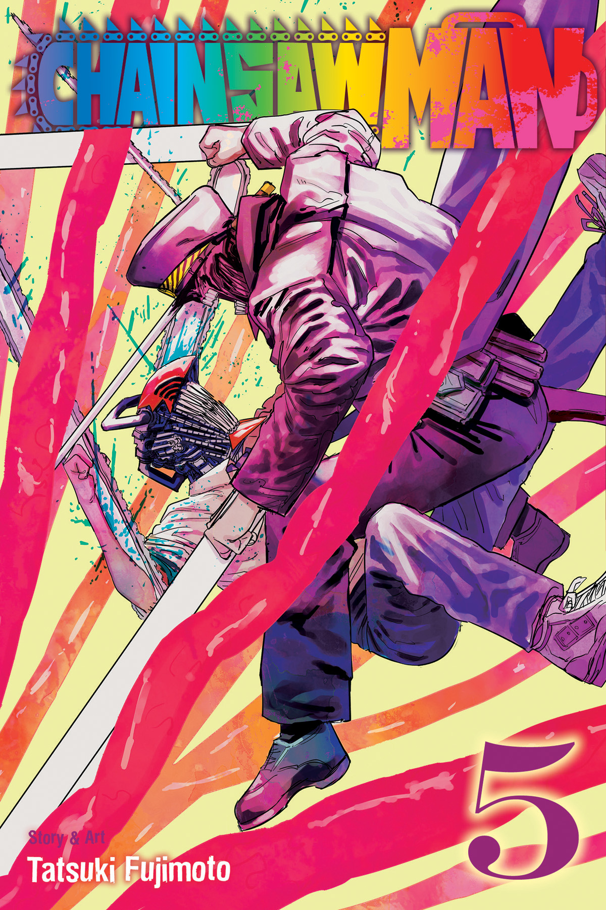 Denji takes on Katana Man on Tatsuki Fujimoto's cover to Chainsaw Man Vol. 5 (2020), Shueisha