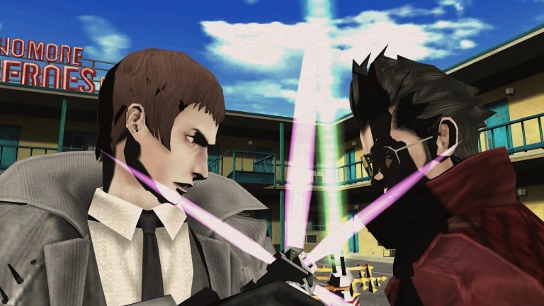 Henry (Quinton Flynn) and Travis (Robin Atkin Downes) come to blows in No More Heroes (2008), Grasshopper Manufacture