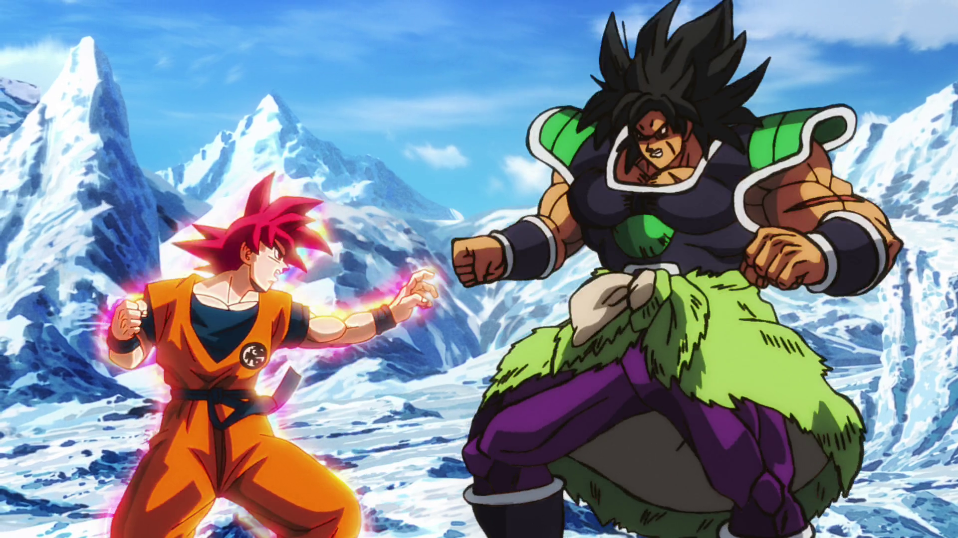 A Super Saiyan God form Goku (Masako Nozawa) meets Broly (Bin Shimada) in combat for the first time in Dragon Ball Super: Broly (2019), Toei Animation via Blu-ray