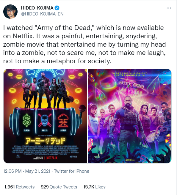 Hideo Kojima Reacts To Zack Snyder's Army of the Dead Film - Bounding Into  Comics