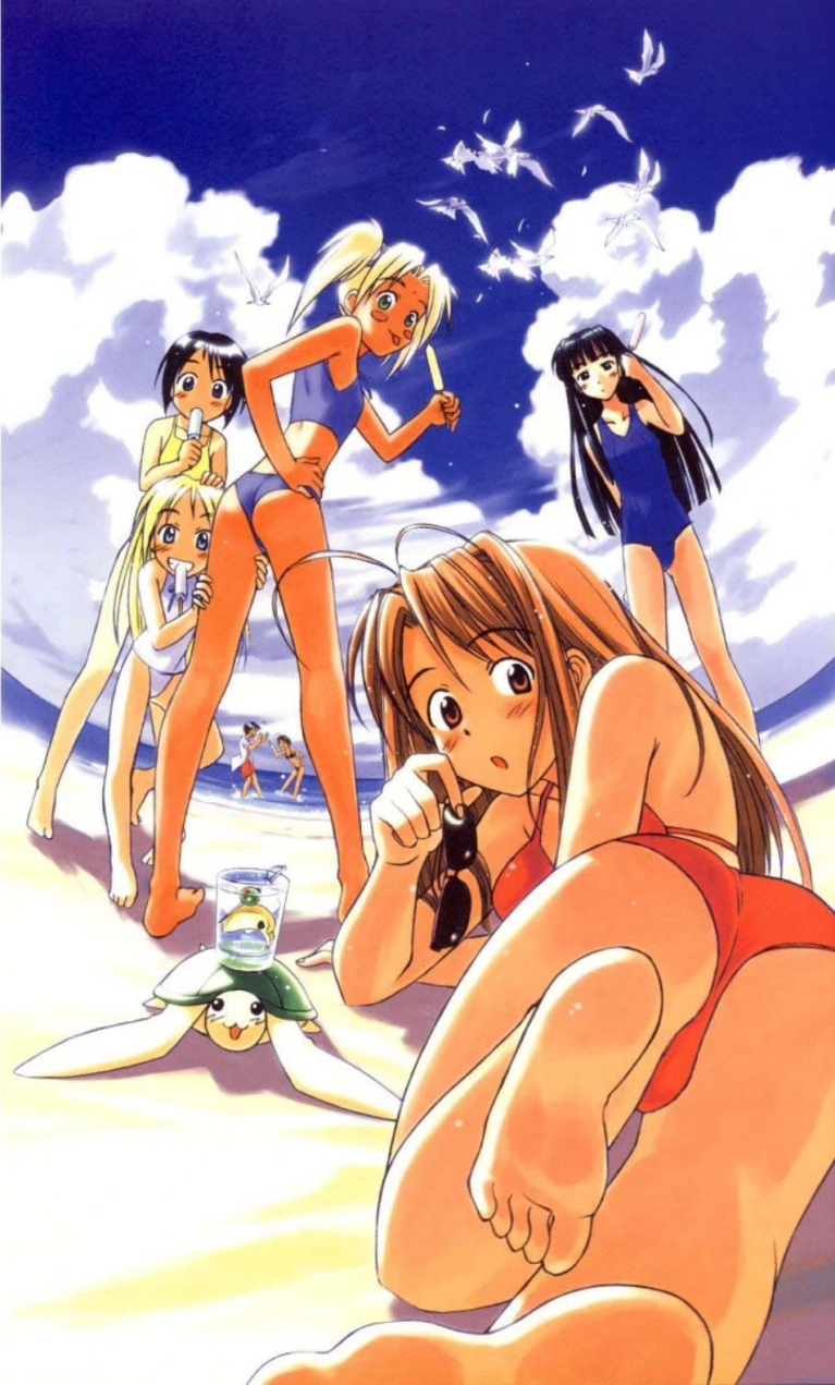 Naru, Kaolla, Kanako, Shinobu, and Sarah hit the beach on Ken Akamatsu's cover to Love Hina Vol. 5 (2002), Kodansha