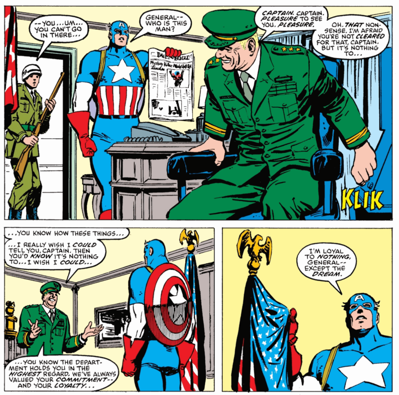 Captain America explains where his loyalties lie in Daredevil Vol. 1 #233 "Armageddon" (1986), Marvel Comics. Words by Frank Miller, art by David Mazzucchelli, Max Scheele, and Joe Rosen.