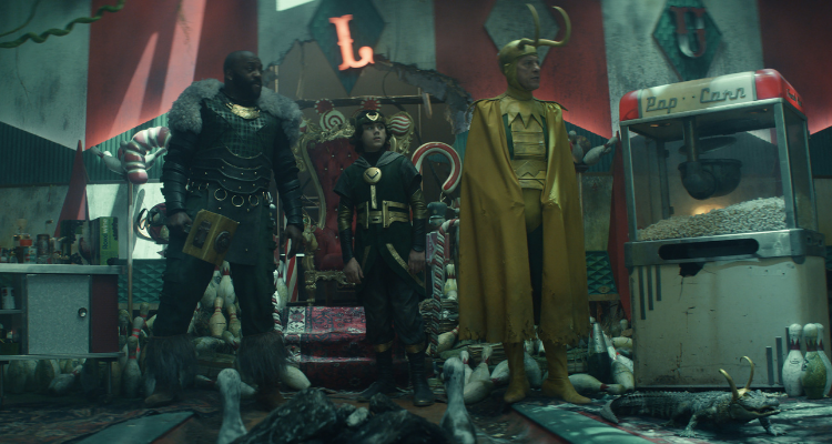 (L-R): Boastful Loki (DeObia Oparei), Kid Loki (Jack Veal), Classic Loki (Richard E. Grant) and Alligator Loki in Marvel Studios' LOKI, exclusively on Disney+. Photo courtesy of Marvel Studios. ©Marvel Studios 2021. All Rights Reserved.