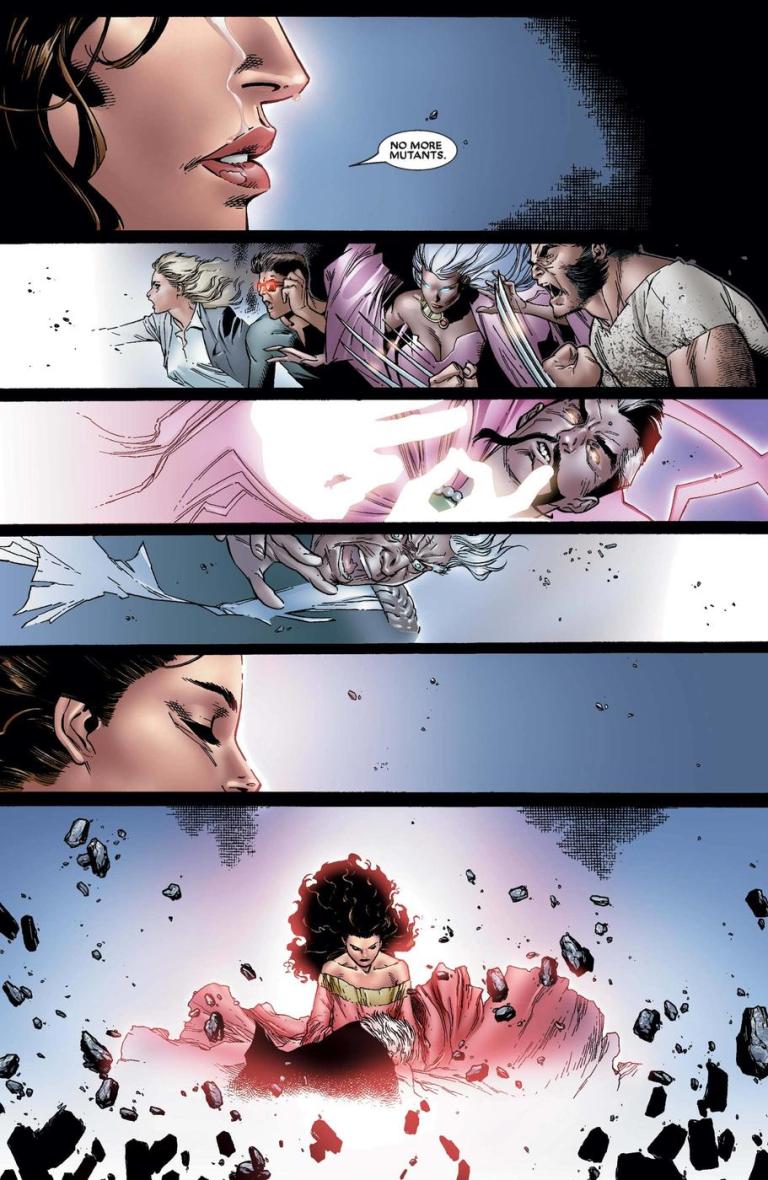 Scarlet Witch changes the world in House of M Vol 1 #1 (2005), Marvel Comics. Words by Brian Michael Bendis, Art by Olivier Coipel, Tim Townsend, and Frank D'Armata.
