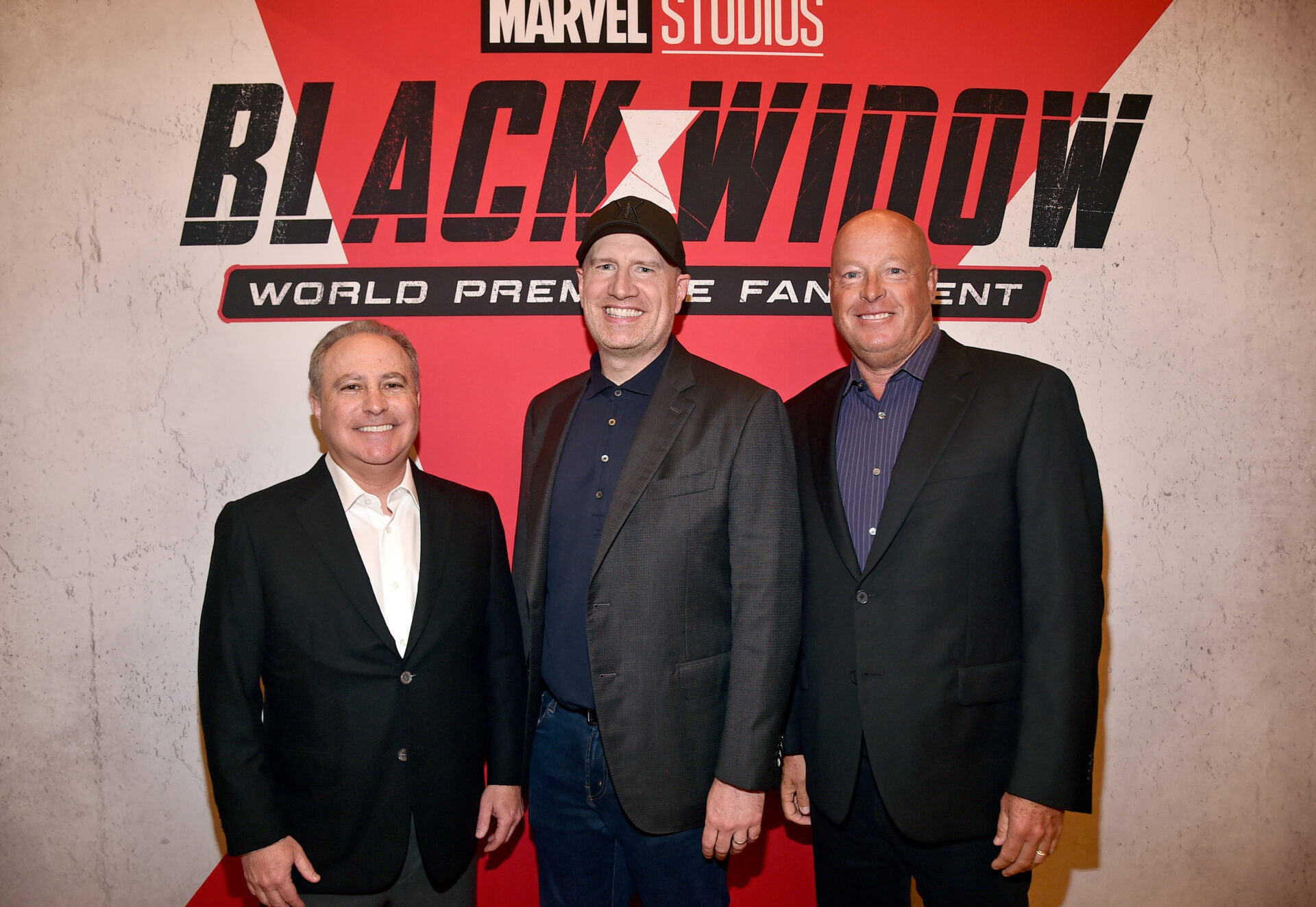 LOS ANGELES, CALIFORNIA - JUNE 29: (L-R) Chairman of Disney Studios Content Alan Bergman, Producer, President of Marvel Studios and Chief Creative Officer of Marvel Kevin Feige, and CEO of The Walt Disney Company Bob Chapek attend the Black Widow World Premiere Fan Event at Dolby Theatre on June 29, 2021 in Los Angeles, California. (Photo by Alberto E. Rodriguez/Getty Images for Disney)