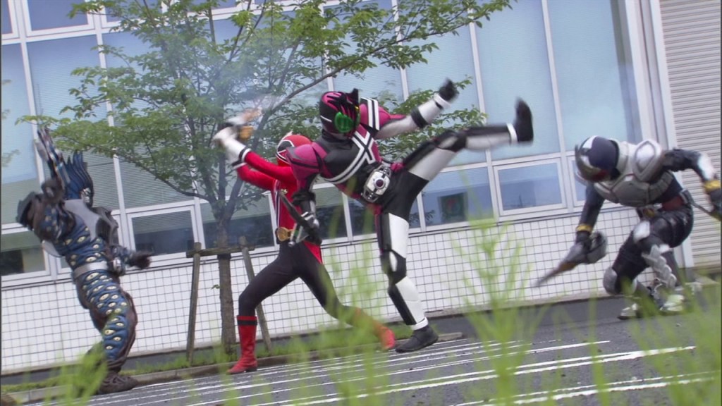 Shinken Red (Tori Matsuzaka) and Kamen Rider Decade (Masahiro Inoue) team-up in Kamen Rider Decade Episode 25 "
Heretic Rider, Go Forth!" (2009), Toei