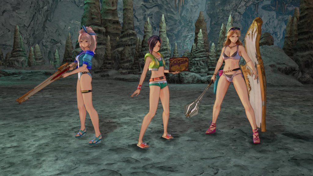 Shionne (Shino Shimoji), Rinwell (Sayuri Hara), and Kisara (Haruna Ikezawa) show off their new swimsuits in Tales of Arise (2021), Bandai Namco