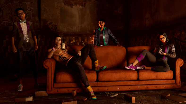 Kevin (Greg Chun), Eli (Eugene Byrd), the Boss, and Neenah (Jeannie Tirado) chilling on the couch in Saints Row (2022), Deep Silver Volition