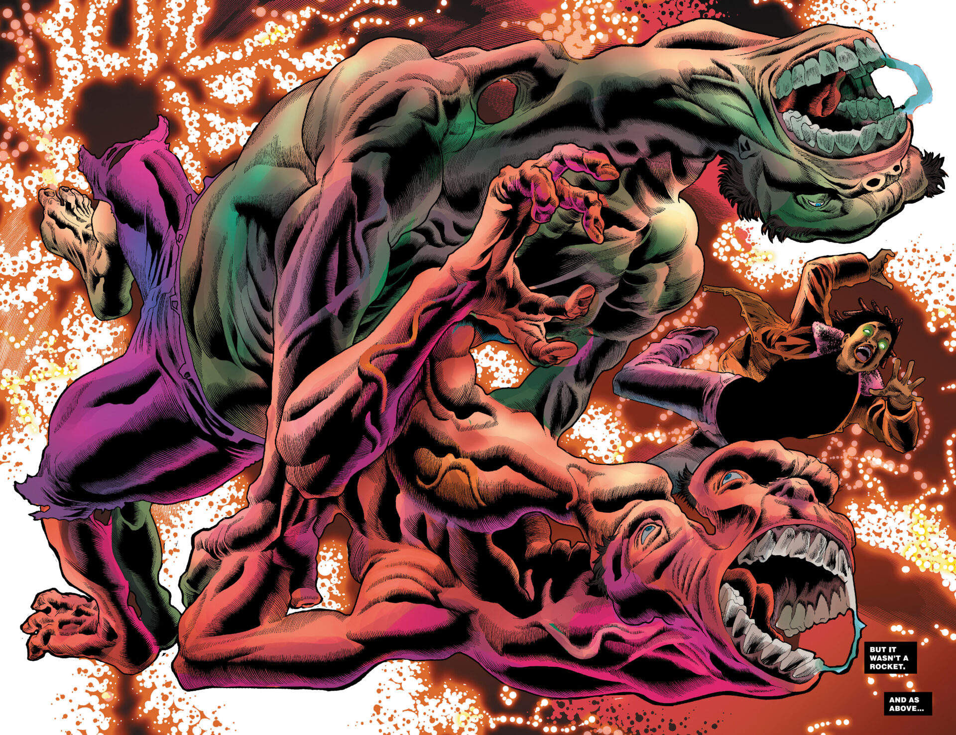 O Hulk atravessa a Porta Verde em The Immortal Hulk Vol. 1 #49 “Todos vocês que entram aqui” (2021), Marvel Comics. Arte de Joe Bennett, Ruy José, Belardino Brabo e Paul Mounts.
