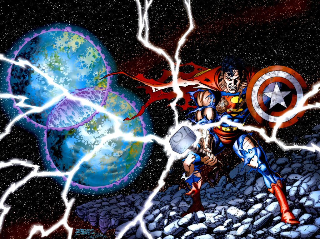 Superman wields the might of Mjolnir and Captain America's shield on George Perez's cover to JLA/Avengers (2003), DC/Marvel Comics