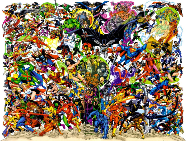 The total membership of both respective teams rushes forth in JLA/Avengers (2003), DC Comics/Marvel Comics. Words by Kurt Busiek, art by George Pérez and Tom Smith.