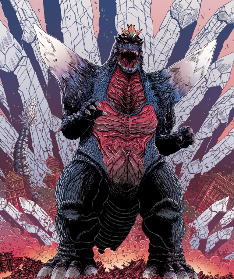 Space Godzilla arrives to rain down hell in Godzilla: The Half -Century War Vol. 1 #4 "Bombay: 1987" (2013), IDW. Art by James Stokoe.