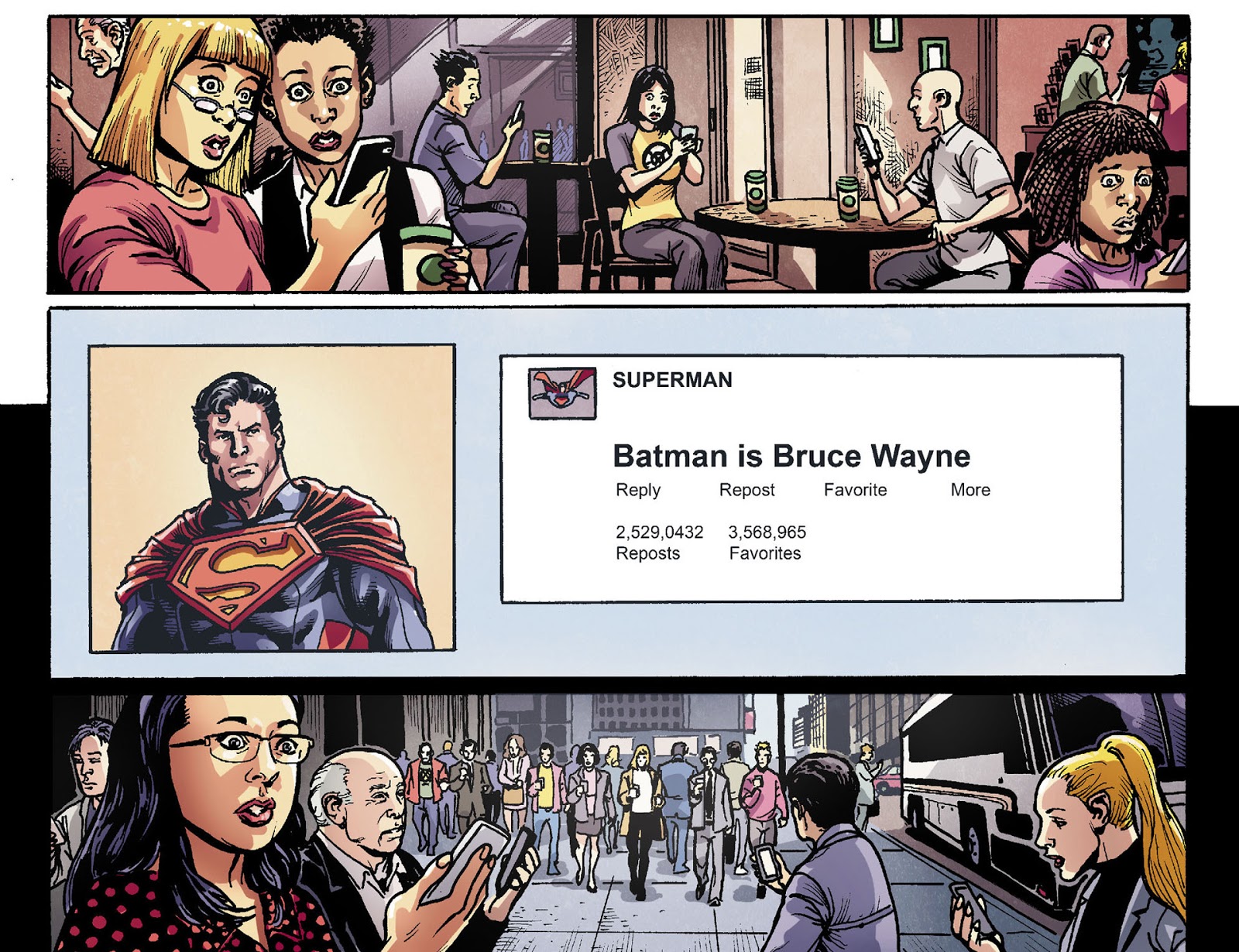 Superman twitta a identidade secreta de Batman em Injustice: Gods Among Us Vol. 1 #28 “Capítulo 28” (2013), DC Comics. Letras de Tom Taylor, arte de Tom Derenick, Santi Casas e David Lopez via edição digital