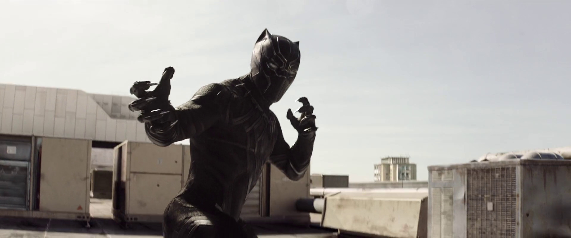 Black Panther (Chadwick Boseman) attacks the Winter Soldier (Sebastian Stan) in Captain America: Civil War (2016), Marvel Entertainment