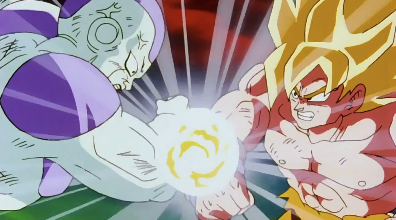 Goku (Sean Schemmel) seeks to put an end to Frieza's (Chris Ayer) tyranny once and for all in Dragon Ball Z Episode 122 "Duel on a Vanishing Planet" (1991), Toei Animation
