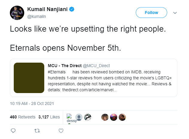 Kumail Nanjiani tries to get in a dig at critics of Marvel’s ‘Eternals’