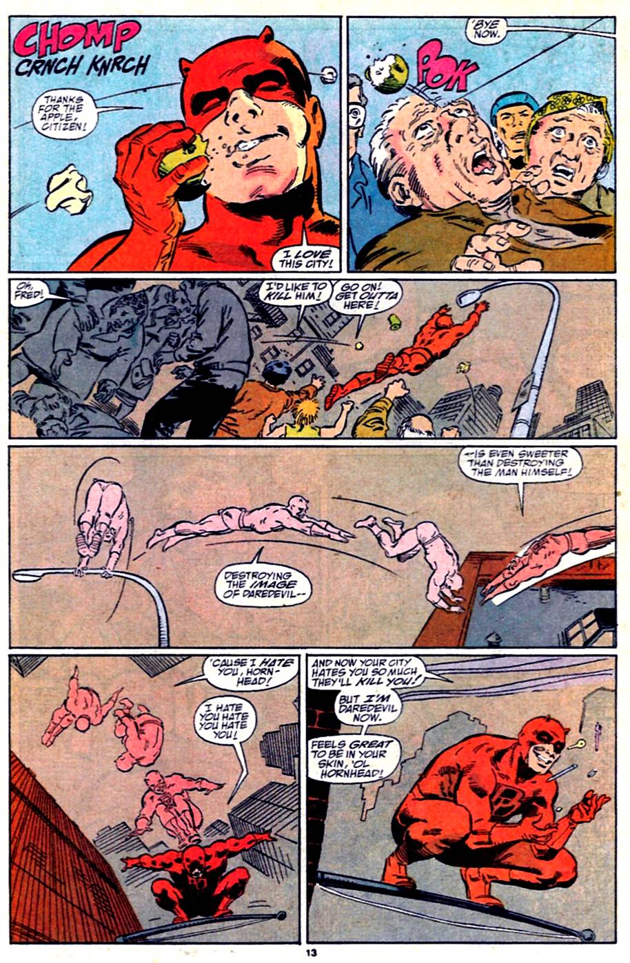 Bullseye does his best impression of The Man Without Fear in Daredevil Vol. 1 #290 "Bullseye!" (1991), Marvel Comics. Words by Ann Nocenti, art by Kieron Dwyer, Fred Fredricks, and Steve Buccellato.