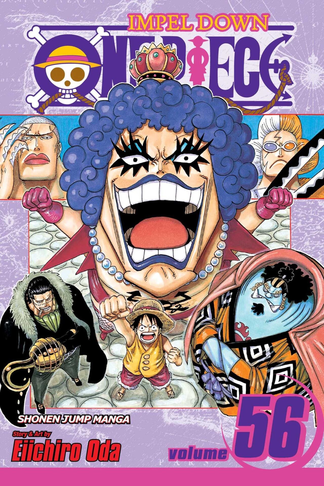 Luffy, Crocodile, Jinbe, Daz Bonez, Inazuma, and Emporio Ivankov on Eiichiro Oda's cover to One Piece Vol. 56 (2009), Shueisha.