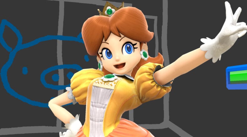 Daisy (Deanna Mustard) strikes a victory pose in Super Smash Bros. Ultimate (2018), Nintendo