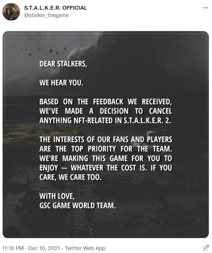 Stalker 2 devs cancel NFT plans immediately after backlash from deleted  post - Dexerto