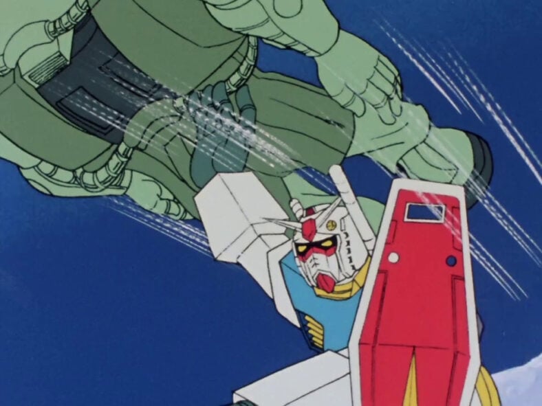 Amuro Ray (Toru Furuya) puts a swift end to Zeon's invading forces in Mobile Suit Gundam Episode 15 "Cucuruz Doan's Island" (1979), Sunrise Inc.