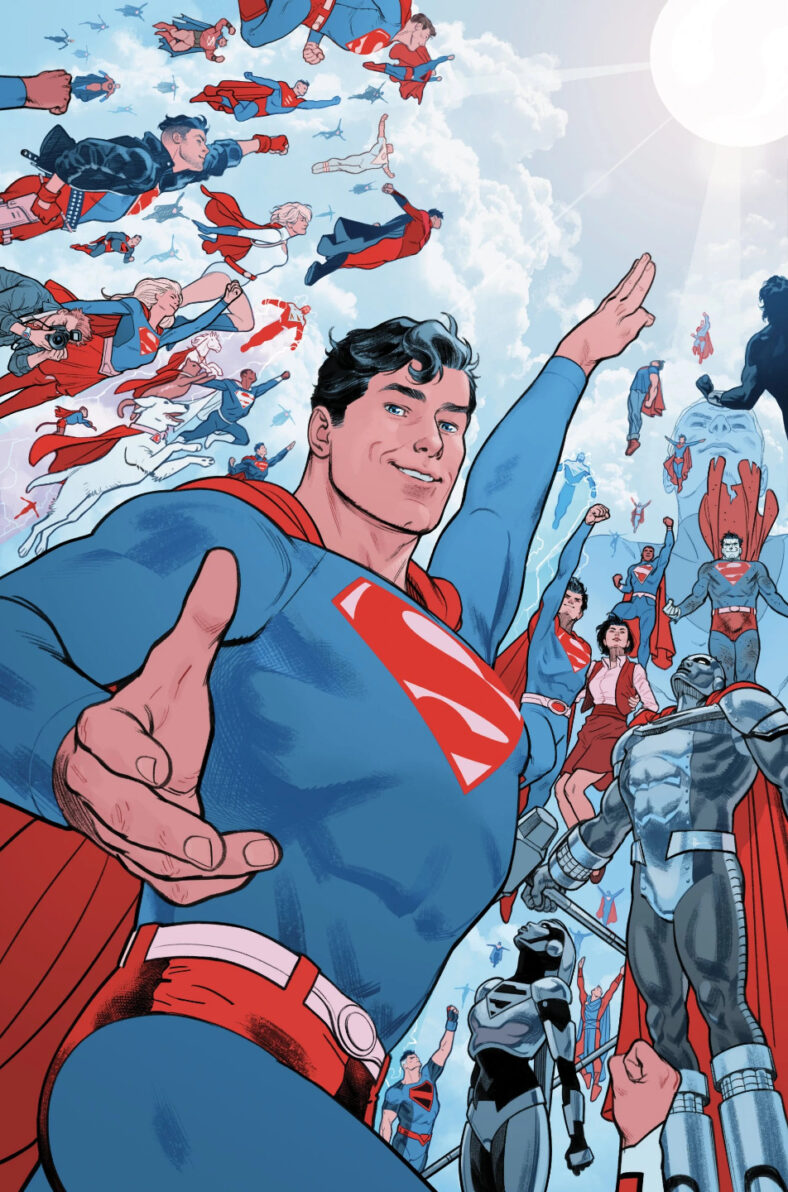 The Man of Steel invites the reader to join him and his multiversal variants   on Evan "Doc" Shaner's variant cover to Superman Red and Blue  Vol. 1 #6 (2021), DC Comics