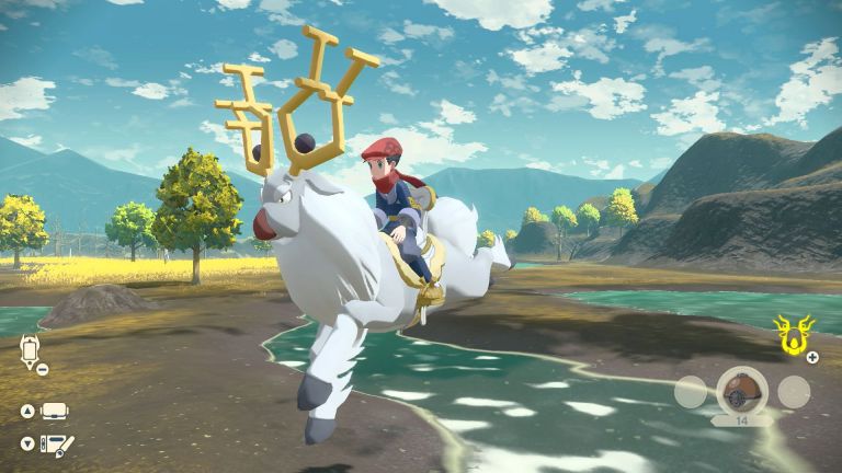 The player rides a Wyrdeer in Pokémon Legends: Arceus (2022), Nintendo