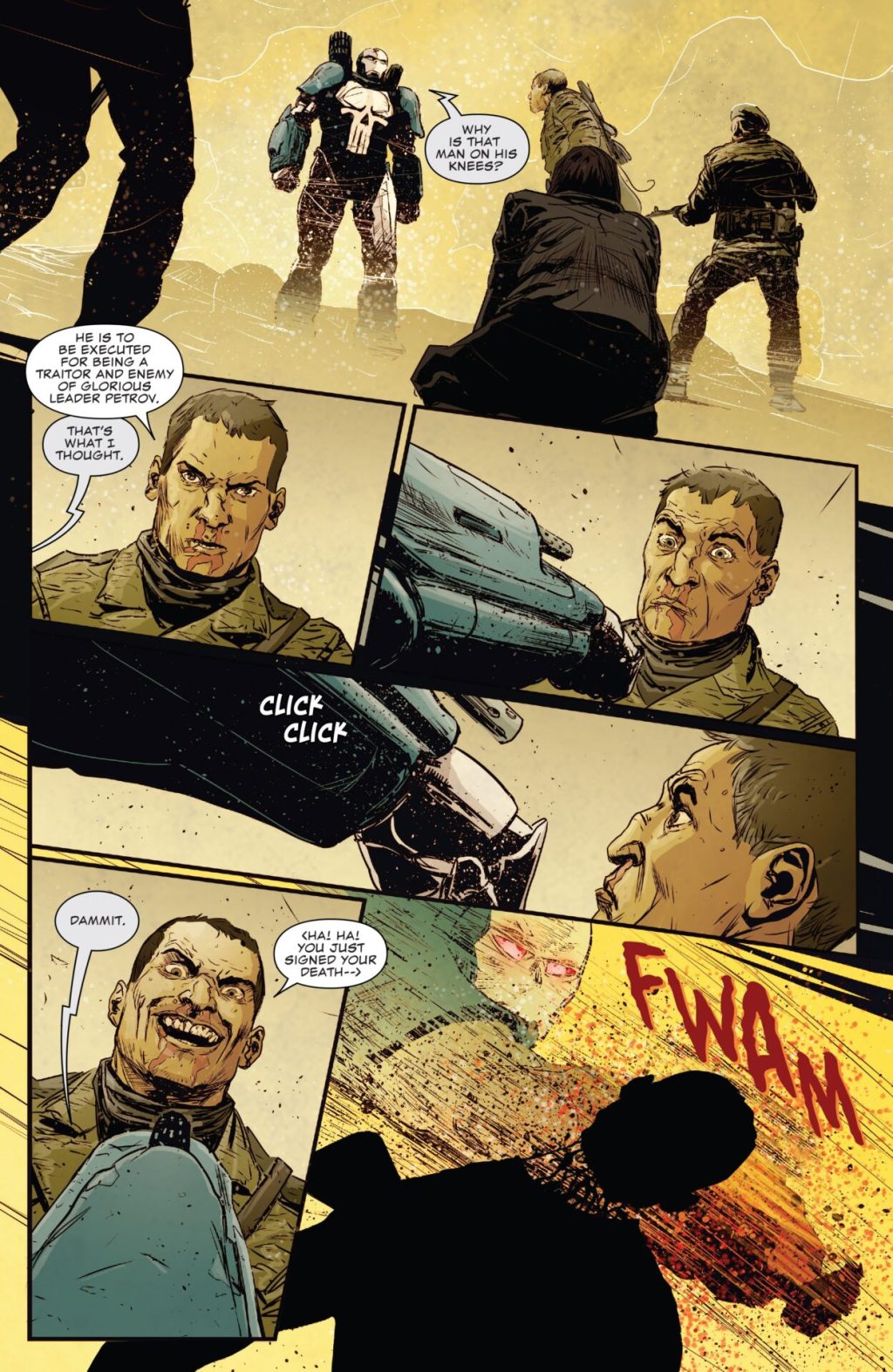 Frank Castle has no time for negotiations in Punisher Vol. 2 #219 "Punisher: War Machine - Part Two" (2017), Marvel Comics. Words by Matthew Rosenberg, art by Guiu Vilanova and Lee Loughridge.