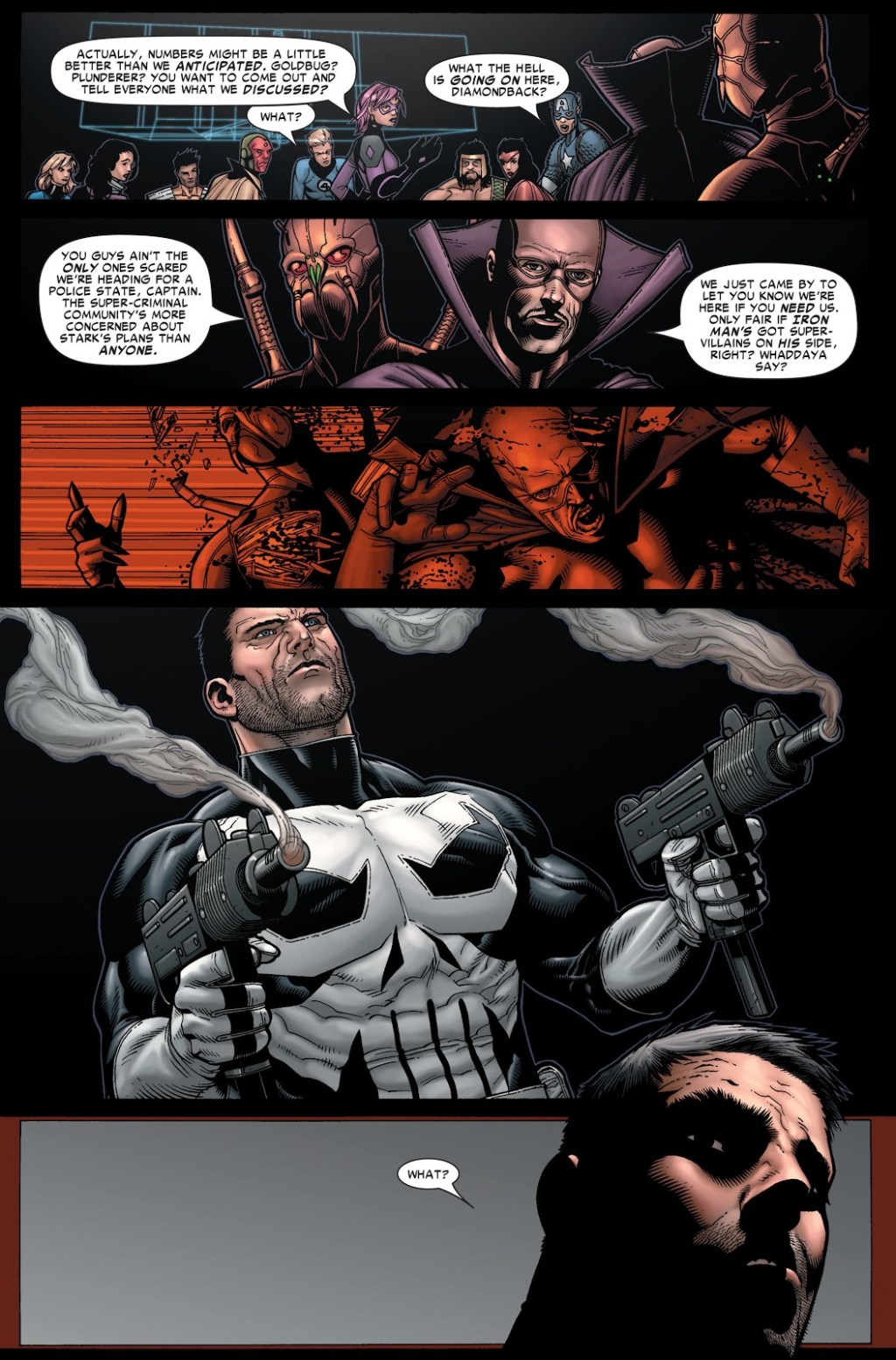 The Punisher takes issue with some of the members of Cap's resistance in Civil War Vol. 1 #6 "Civil War: Part 6" (2007), Marvel Comics. Words by Mark Millar, art by Steve McNiven, Dexter Vines, and Morry Hollowell.