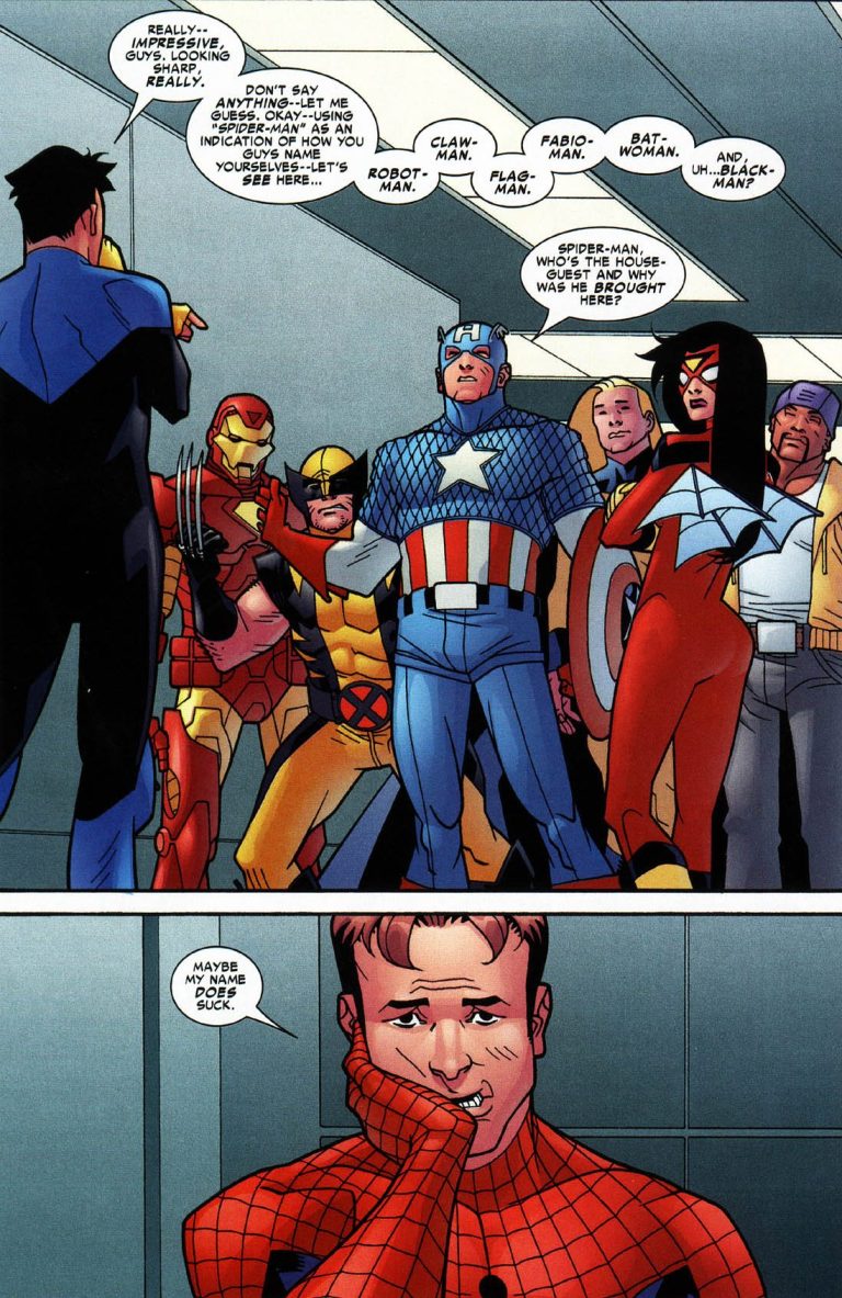 Invincible makes the acquaintance of the New Avengers in Marvel Team-Up Vol. 3 #14 (2005), Marvel Comics. Words by Robert Kirkman, art by Cory Walker and Bill Crabtree.