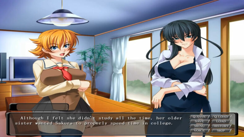 Asagi (Watabe Sayumi) encourages her sister Sakura (Satoyama Haato) to focus on her studies in Taimanin Asagi CE VN Part 1, Shiravune