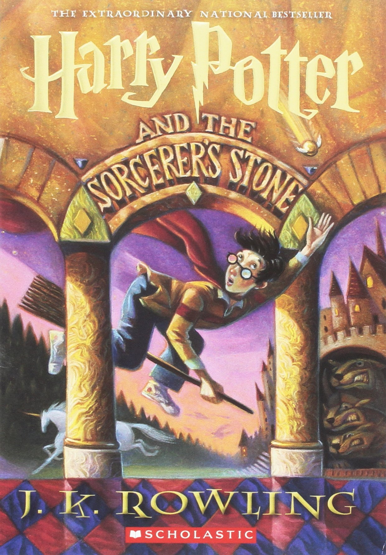 The boy wizard himself appears on Mary GrandPré's cover to Harry Potter and the Philosopher's Stone (1997), Scholastic.