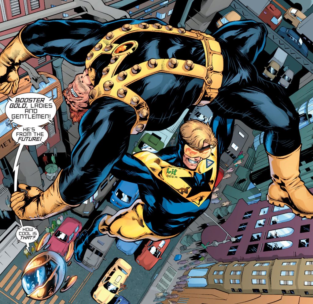 Booster Gold steps in to stop Mammoth's rampage in 52 #1 "Golden Lads and Lasses Must..." (3006), DC Comics. Words by Geoff Johns, Grant Morrison, Greg Rucka, and Mark Waid, art by Keith Giffen, Joe Bennett, Ruy José, and Alex Sinclair.