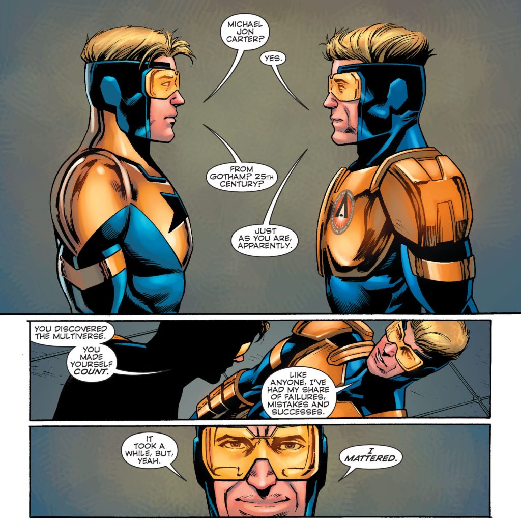 Booster Gold congratulates himself on a job well done in Convergence: Booster Gold Vol. 1 #1 (2015), DC Comics. Words by Dan Jurgens, art by Álvaro Martínez Bueno, Raúl Fernández, and Chris Sotomayor