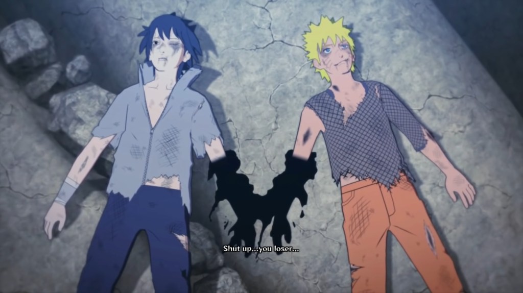 Naruto (Junko Takeuchi) and Sasuke (Noriaki Sugiyama) catch their breaths in Naruto Shippuden Ultimate Ninja Storm 4 (2016), Bandai Namco