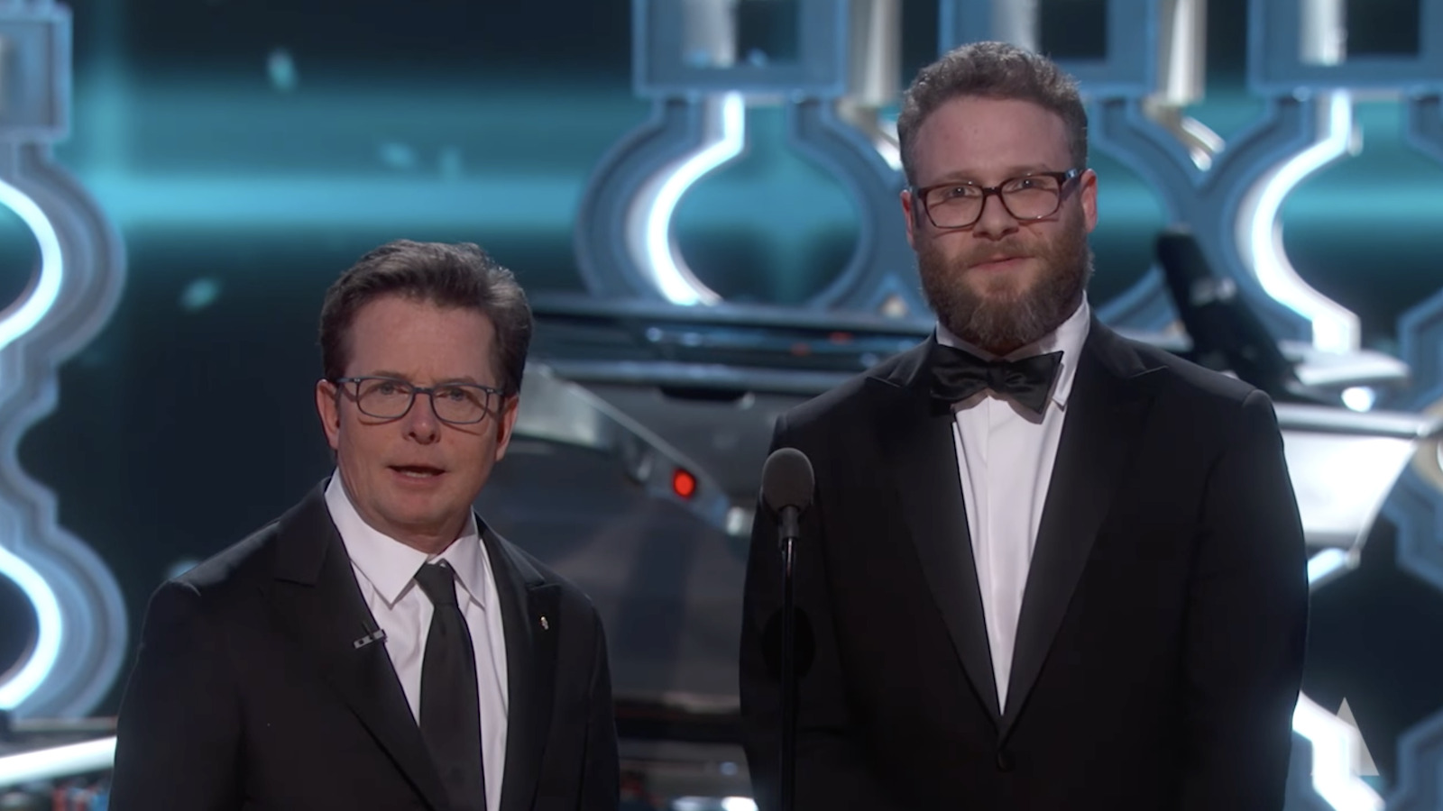 Seth Rogen and Michael J. Fox present the Academy Award for Film Editing at the 2017 Oscars