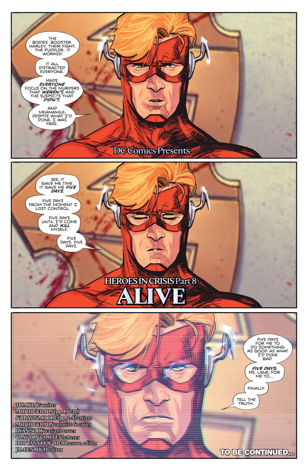 Wally West provides a taped confession of his crimes to Lois Lane in Heroes in Crisis Vol. 1 #8 "Alive" (2019), DC Comics. Words by Tom King, art by Mitch Gerads.