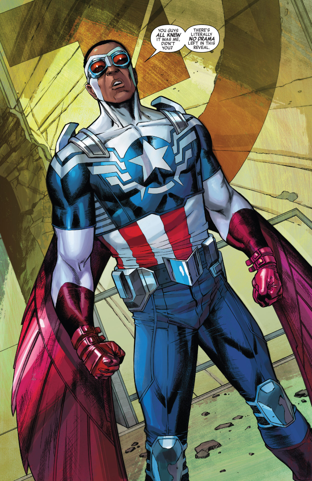 Sam Wilson makes his debut as the Star-Spangled Avengers in Captain America Vol. 7 #25 "The Tomorrow Soldier: Conclusion" (2014), Marvel Comics. Words by Rick Remender, art by Carlos Pacheco, Stuart Immonen, Mariano Taibo, Wade Von Grawbadger, Dean White, Veronica Gandini, and Marte Gracia.