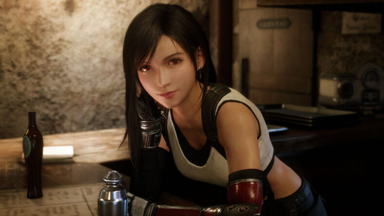 Tifa (Ayumi Ito) tends the bar at the Seventh Heaven in Final Fantasy VII: Remake (2020), Square Enix