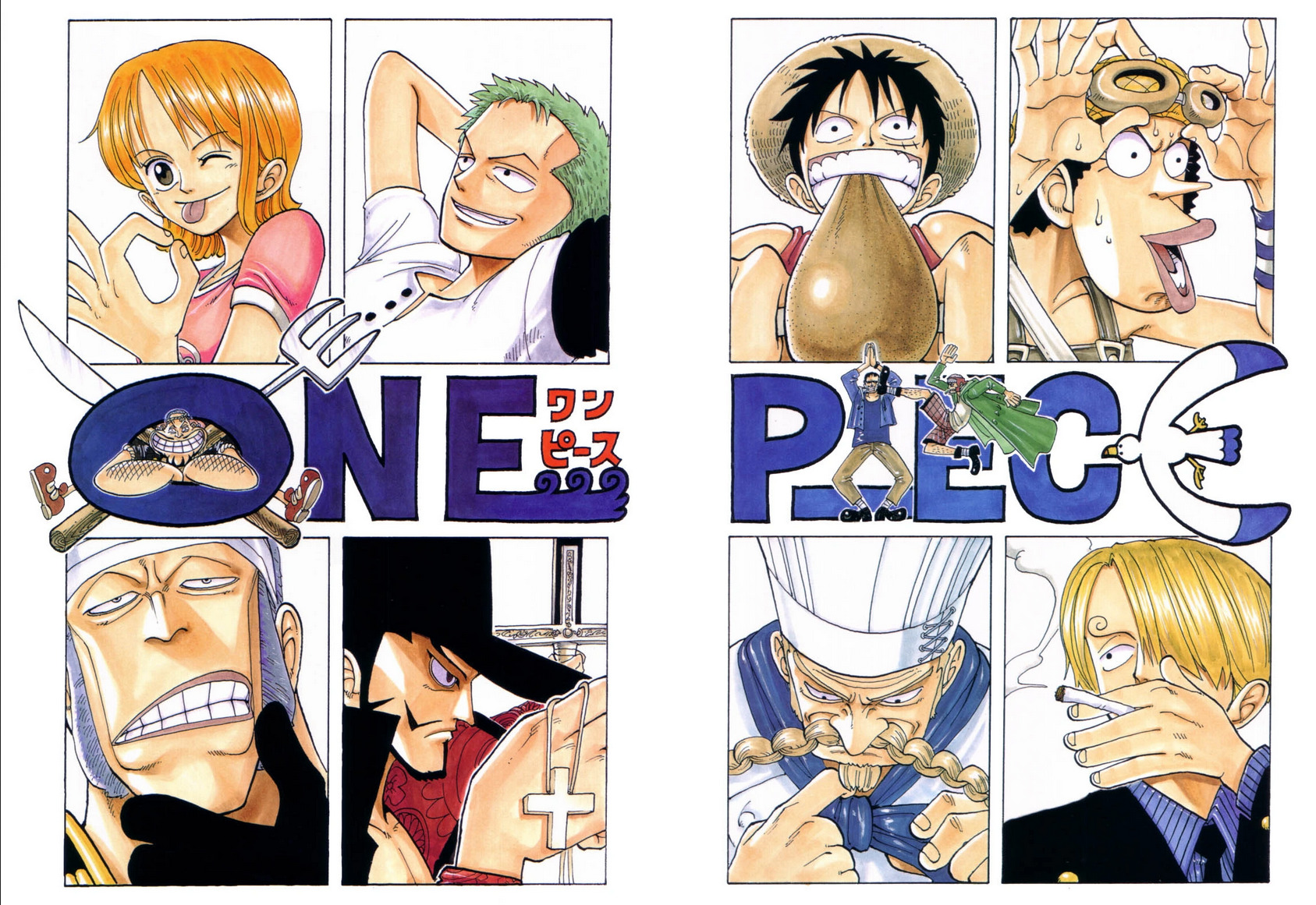 The Straw Hats and their adversaries thus far on Eiichiro Oda's color spread to One Piece Chapter 52 "The Oath" (1998), Shueisha.