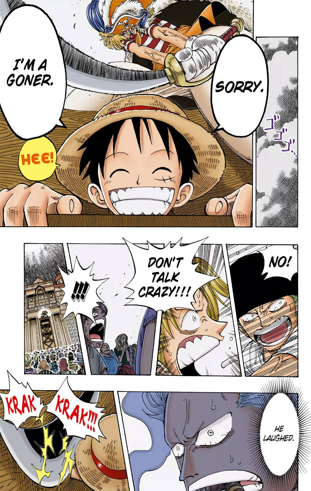 Luffy accepts his upcoming execution in One Piece Chapter 99 "Luffy Died" (1999), Shueisha. Words and art by Eiichiro Oda.