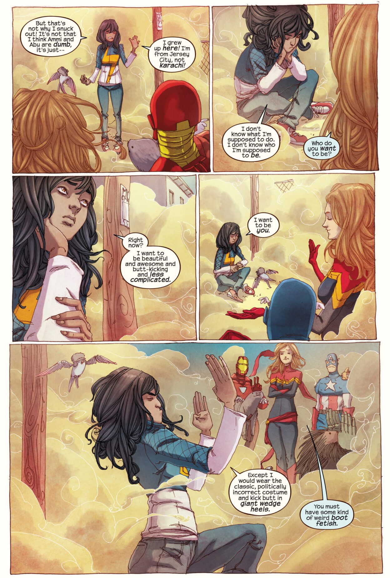 Kamala Khan is exposed to the Terrigen Mists in Ms. Marvel Vol. 3 #2 "No Normal. Part 2 of 5: All Mankind" (2014), Marvel Comics. Words by G. Willow Wilson, art by Adrian Alphona and Ian Herring.