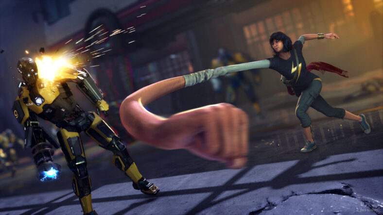 Kamala Khan (Sandra Saad) dishes out the pain to AIM robots in Marvel's Avengers (2020), Square Enix