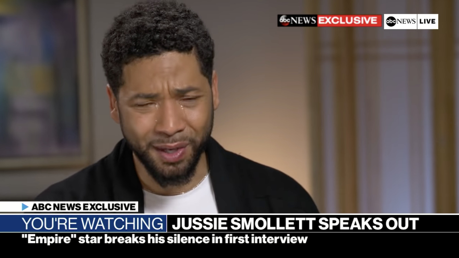 Jussie Smollett is moved to tears during his first post-hate crime interview via ABC News
