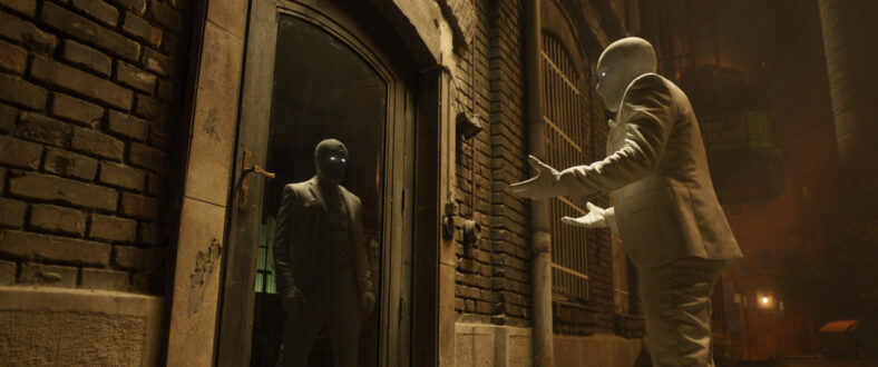 Mr. Knight (Oscar Isaac) has thougths about Steven Grant's (Oscar Isaac) choice for a suit in Moon Knight Season 1 Episode 2 "Summon the Suit"(2022), Marvel Studios